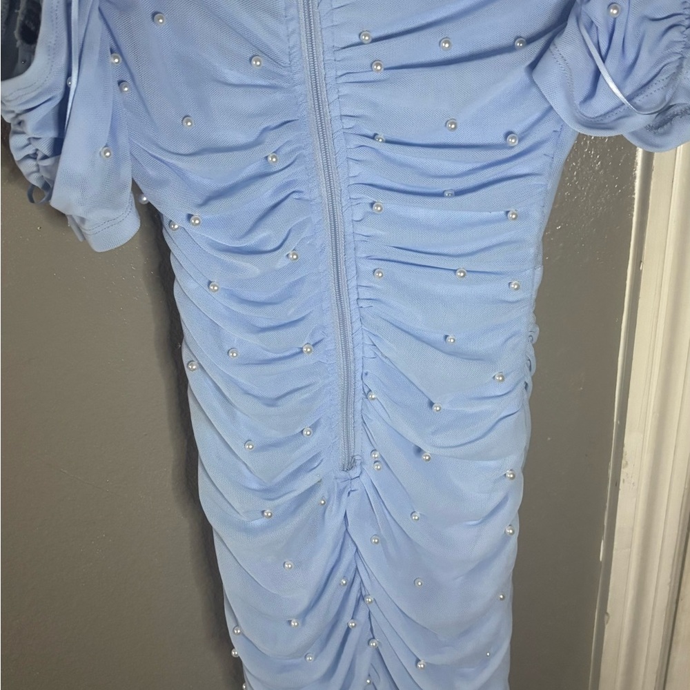 Windsor Blue Ruched Bodycon Dress with Puff Sleeves